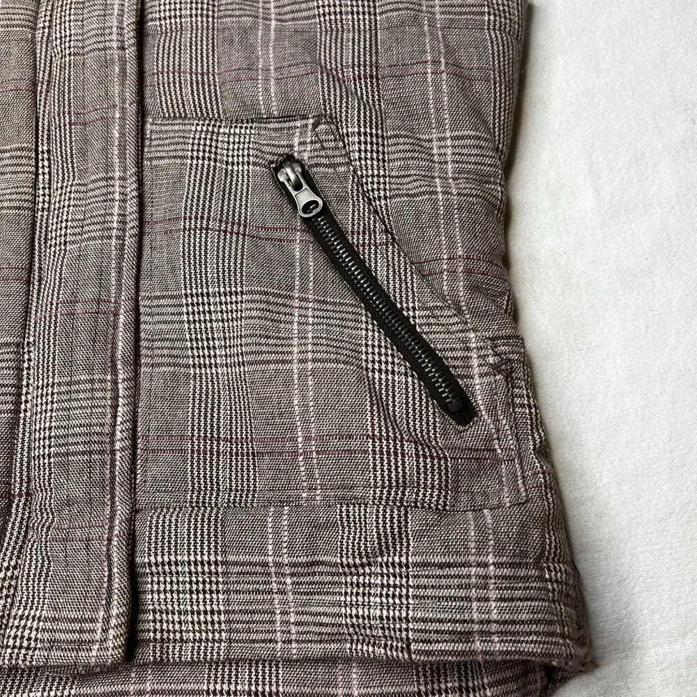Charlotte Russe Plaid Puffer Vest Faux Fur Hood Brown S Snap Full Zip Pockets - Picture 9 of 16